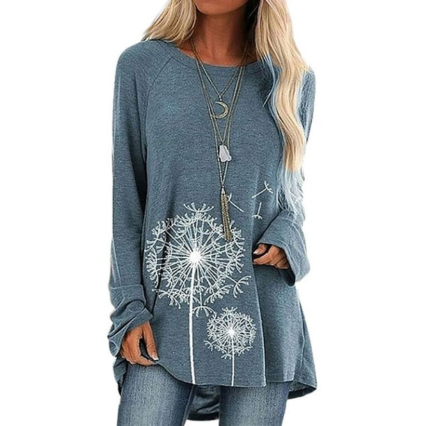 Womens Retro Floral Printed Tunic Top Loose Long Sleeve Casual T-Shirt Plus Size 